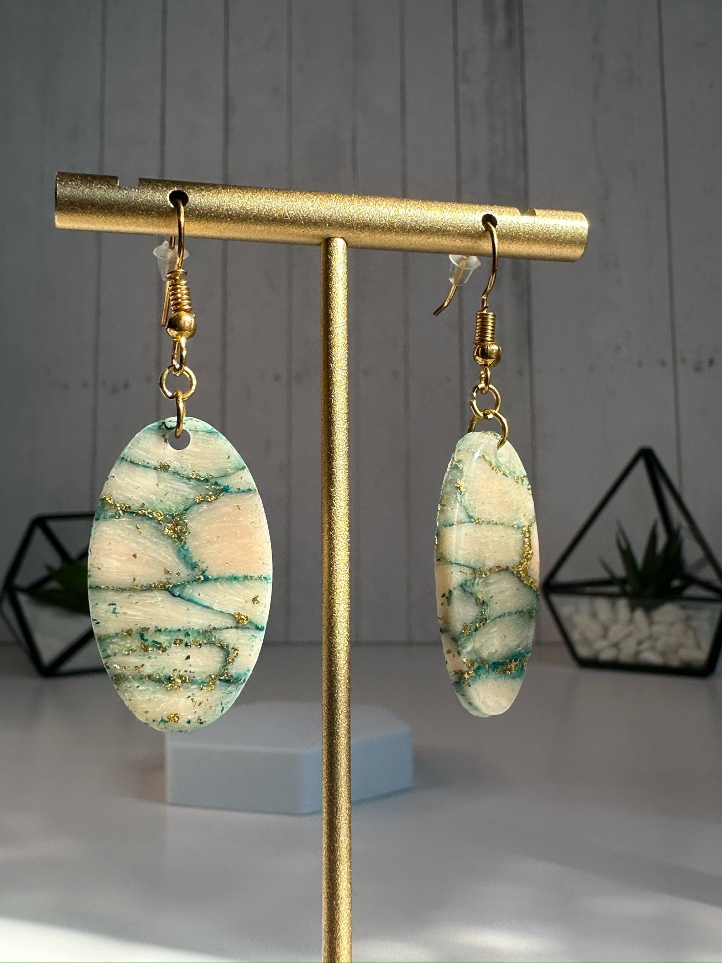 Marbled Green and Gold Dangle Earrings