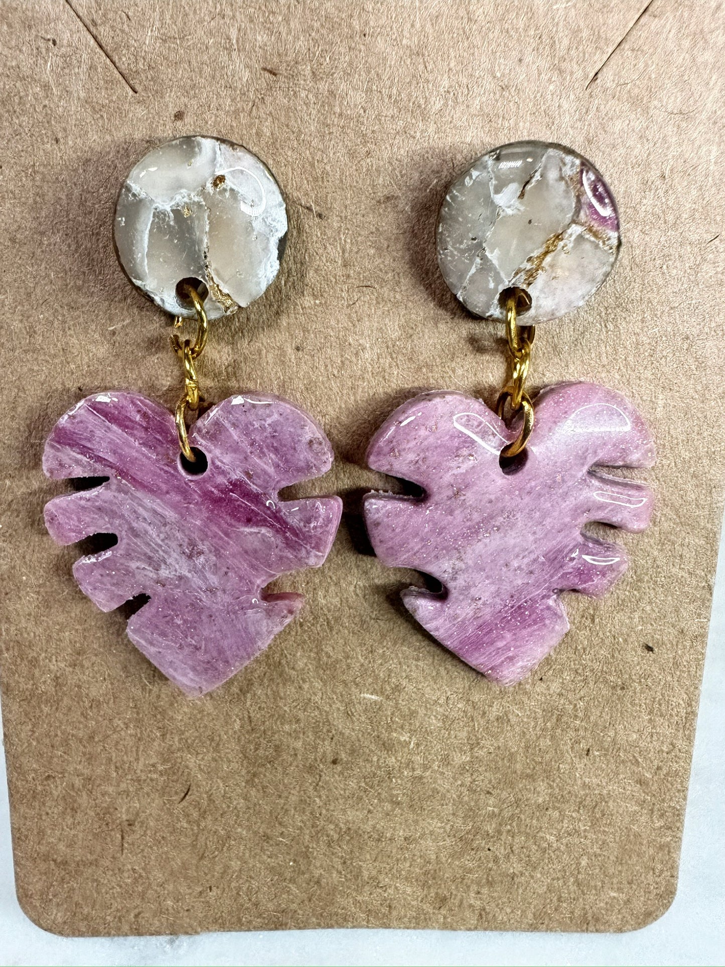 Marbled Pink Dangle Earrings in Leaf Design