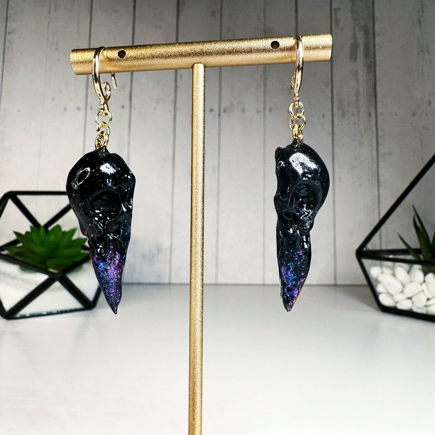 Black Duo Chrome Color Shifting Raven Skull Eardrops (gold)