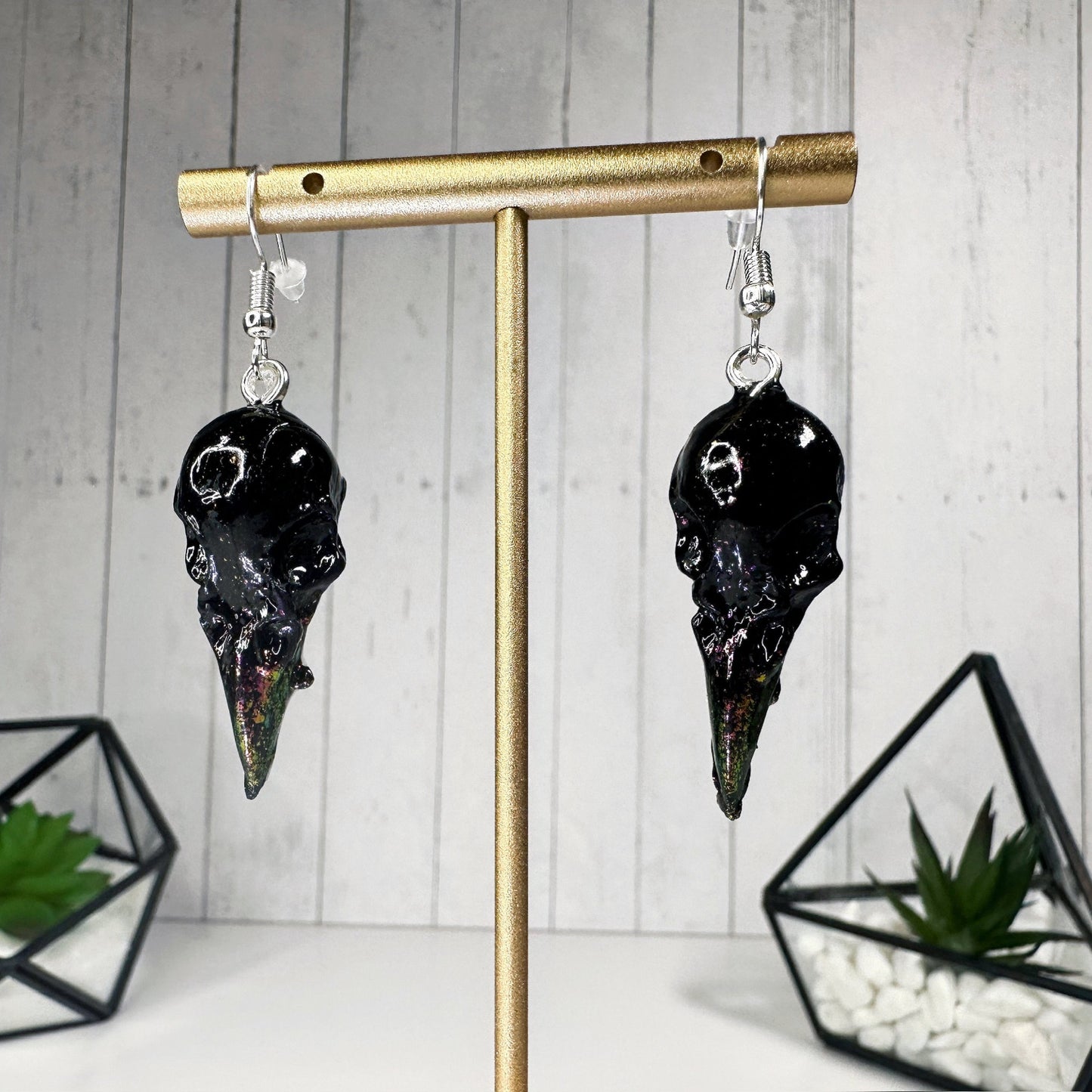 Black Duo Chrome Color Shifting Raven Skull Eardrops (Silver)