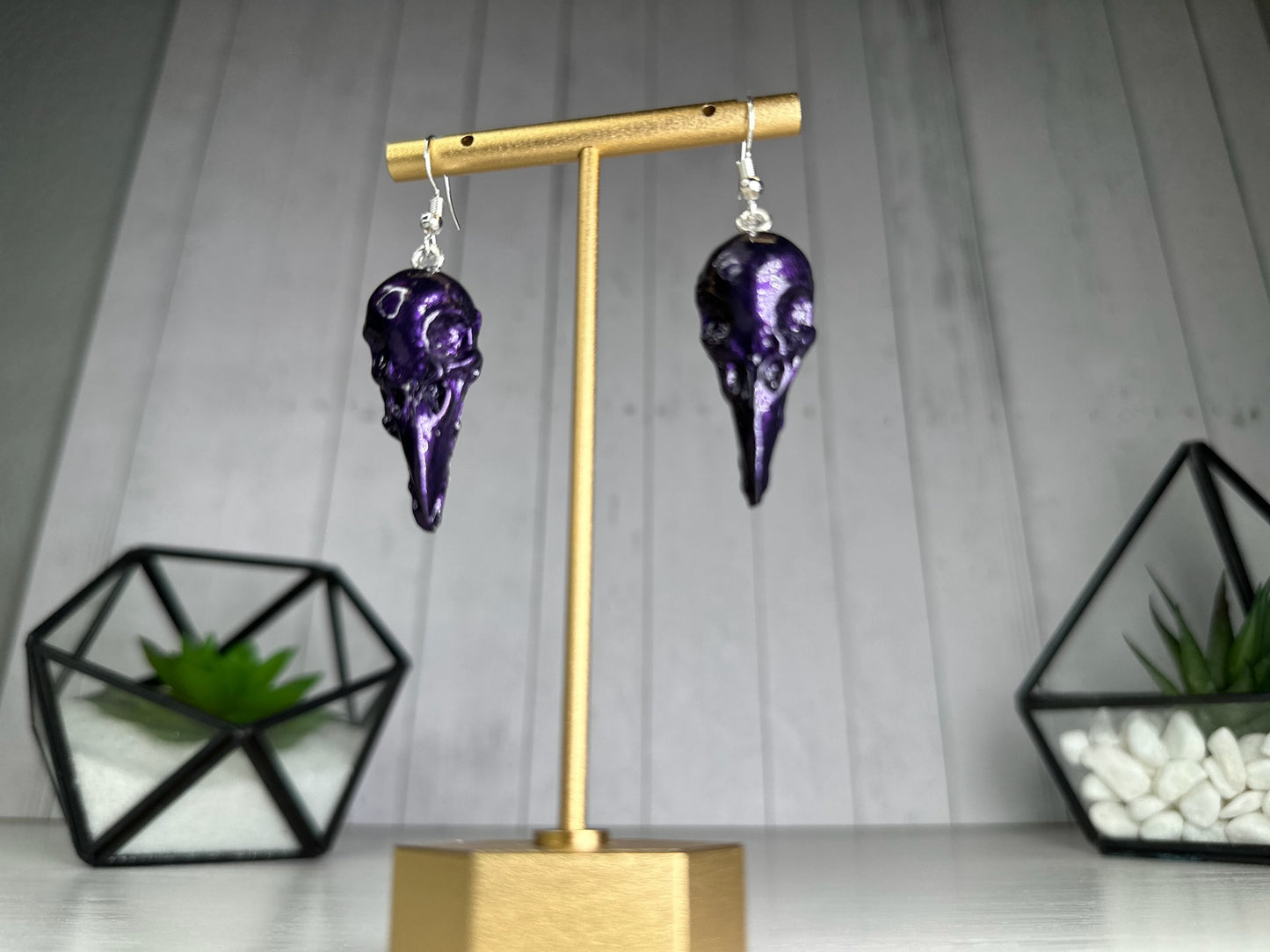 Shiny Metallic Purple Crow Skull Eardrops