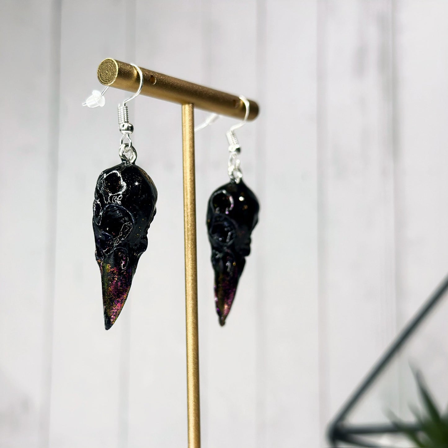 Black Duo Chrome Color Shifting Raven Skull Eardrops (Silver)