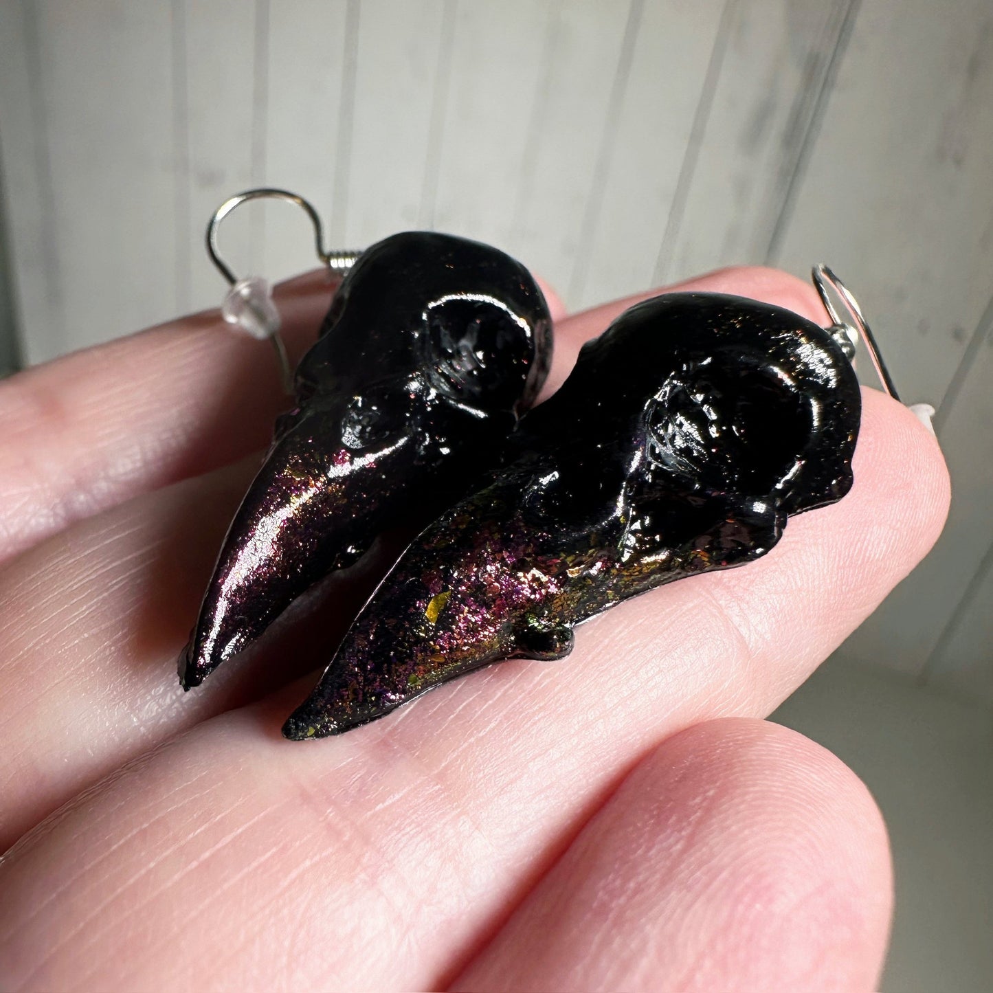 Black Duo Chrome Color Shifting Raven Skull Eardrops (Silver)