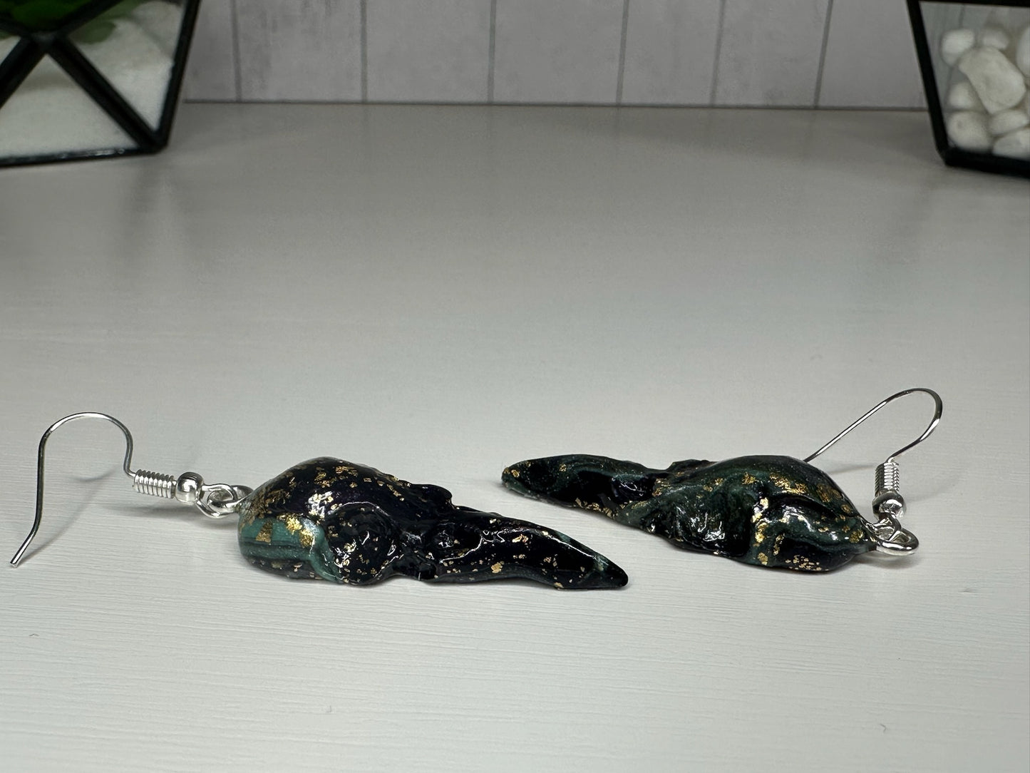 Turquoise black and gold clay raven skull ear drops