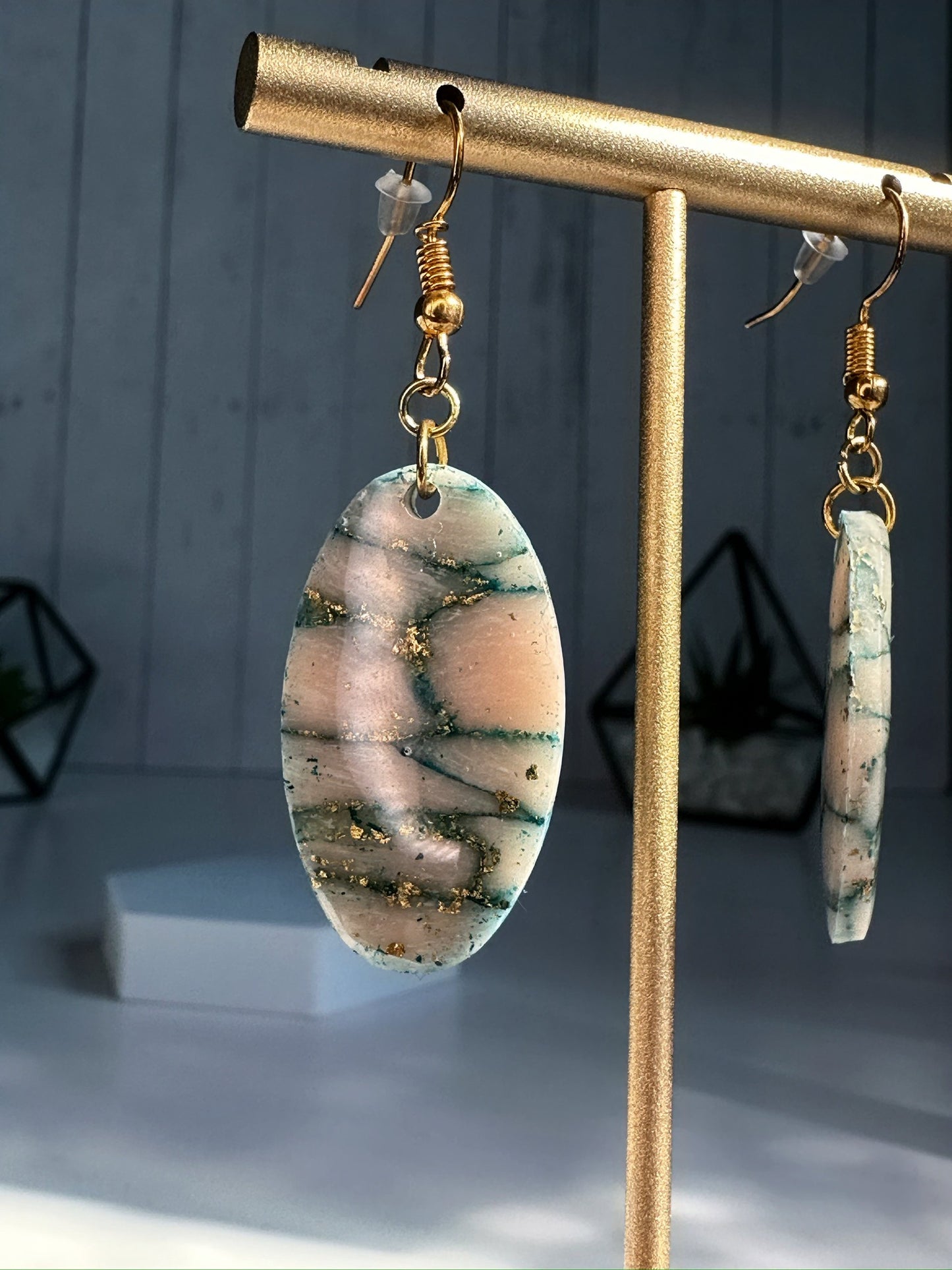 Marbled Green and Gold Dangle Earrings