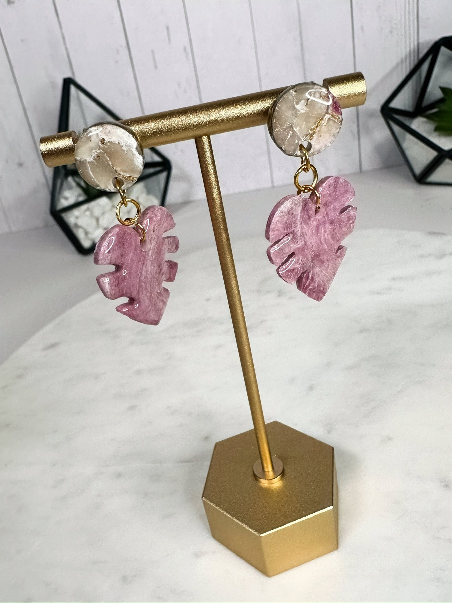 Marbled Pink Dangle Earrings in Leaf Design