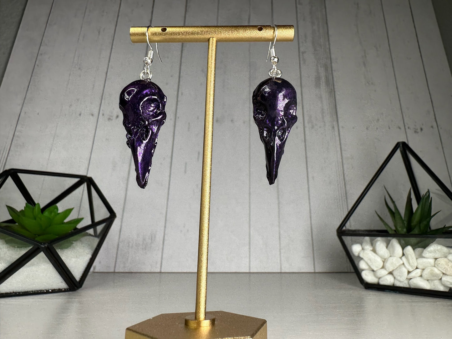 Shiny Metallic Purple Crow Skull Eardrops