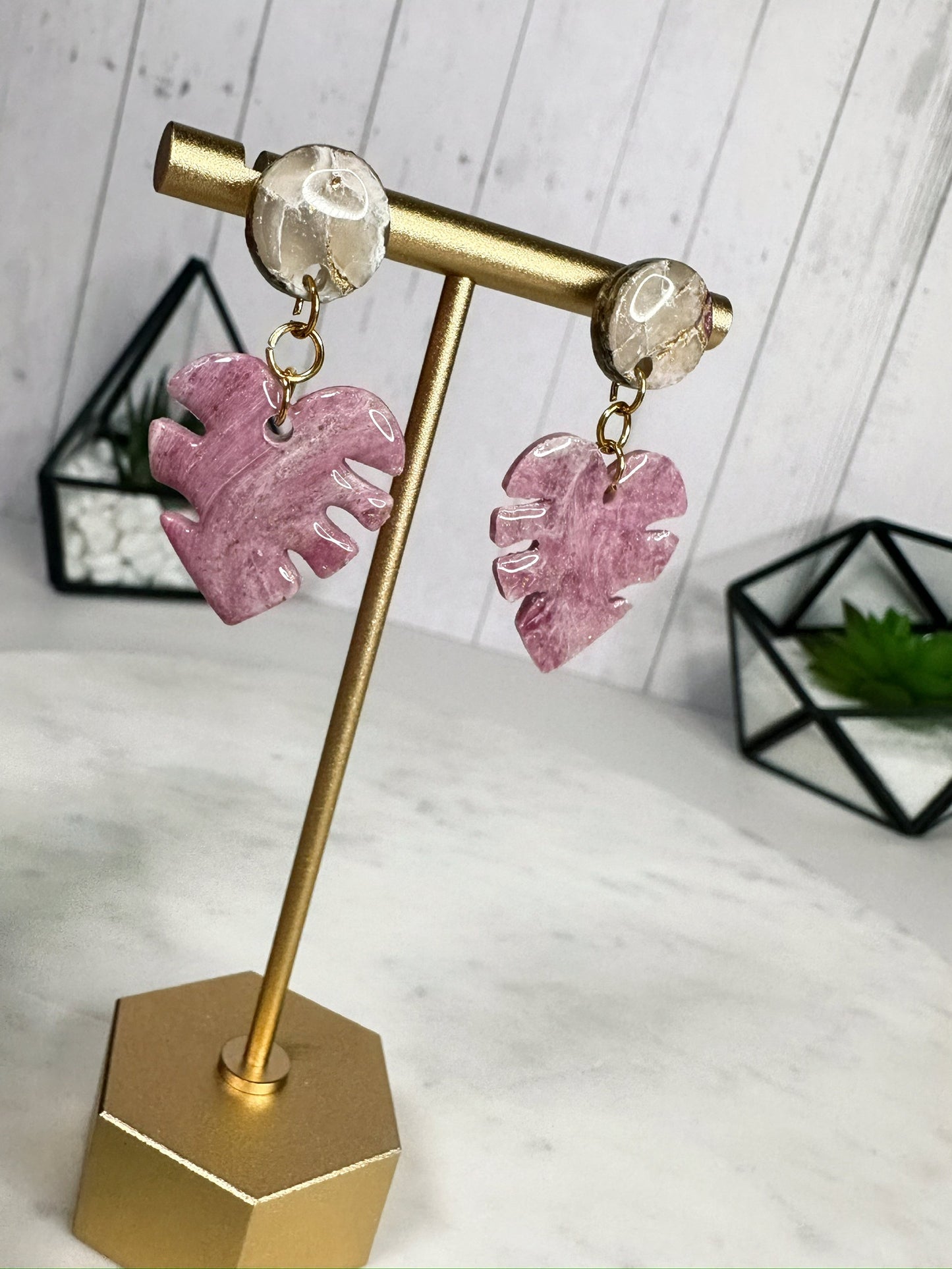 Marbled Pink Dangle Earrings in Leaf Design